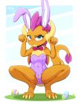  absurd_res anthro biskydraws blush bow_tie bunny_costume clothing costume dragon easter easter_egg fake_ears fake_rabbit_ears female friendship_is_magic genitals hasbro hi_res holidays looking_at_viewer my_little_pony pussy smolder_(mlp) solo torn_clothing 