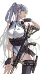  1girl absurdres assault_rifle black_gloves black_thighhighs blue_one-piece_swimsuit blunt_bangs breasts chest_harness combat_knife fingerless_gloves fujita_(condor) girls&#039;_frontline gloves green_eyes grey_hair gun h&amp;k_hk416 hair_ornament hand_on_own_chin hand_on_own_thigh harness highleg highleg_swimsuit highres hk416_(girls&#039;_frontline) holster knife looking_at_viewer medium_breasts one-piece_swimsuit open_mouth rifle single_thighhigh solo swimsuit thigh_holster thighhighs two-tone_swimsuit weapon white_background white_one-piece_swimsuit zipper 