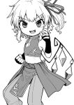 1girl crop_top elbow_gloves fang fingerless_gloves flandre_scarlet gloves greyscale highres looking_at_viewer monochrome navel oninamako open_mouth pants short_ponytail side_ponytail sleeveless slit_pupils smile solo teeth tongue touhou 