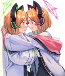  2girls animal_ear_headphones animal_ears blonde_hair blue_archive bow cat_ear_headphones embarrassed eye_contact face-to-face fake_animal_ears green_eyes grin hair_bow halo headphones highres hood hood_down hooded_jacket jacket looking_at_another midori_(blue_archive) momoi_(blue_archive) multiple_girls pink_eyes siblings sisters smile taki_(tkai40) twins 