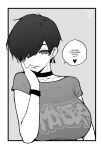  1girl absurdres band_shirt breasts casual choker earrings elbow_rest english_text greyscale grin hair_over_one_eye hand_on_own_face heart highres jewelry large_breasts looking_at_viewer merchandise monochrome norman_maggot olive_laurentia one_eye_closed original outside_border pixie_cut short_hair short_sleeves smile solo speech_bubble spoken_heart swept_bangs upper_body wristband 