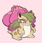  biped claws female feral flower generation_1_pokemon green_body hair hair_over_eye hi_res ivysaur labbit1337 lashes leaf_over_eye narrowed_eyes nintendo one_eye_obstructed pink_background pink_eyes plant pokemon pokemon_(species) simple_background solo 