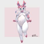  1:1 3_toes accessory anthro artist_name barefoot belly big_belly blue_eyes blush bow_(feature) bow_ribbon breasts digital_media_(artwork) eeveelution featureless_breasts feet female fingers full-length_portrait fur generation_6_pokemon hair hair_accessory hair_bow hair_ribbon hi_res looking_at_viewer mammal navel nintendo nude outie_navel overweight pink_hair pink_nose pokemon pokemon_(species) portrait pregnant pregnant_female ribbons signature simple_background smile smiling_at_viewer solo standing sylveon tail thick_thighs toes white_body white_fur wide_hips yutic 