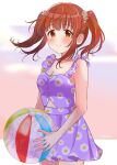  1girl artist_name ball beachball bikini bikini_skirt blush bow breasts brown_eyes brown_hair cleavage closed_mouth cloud cloudy_sky collarbone dot_nose evening floral_print flower grid_background hair_flower hair_ornament highres holding holding_ball idolmaster idolmaster_cinderella_girls idolmaster_cinderella_girls_starlight_stage long_hair looking_at_viewer medium_breasts ogata_chieri potesara888 purple_bikini sidelocks sky smile solo swimsuit twintails 