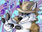  anthro blue_eyes brown_body brown_fur canid canine canis fur hi_res jojo&#039;s_bizarre_adventure jojo_pose joseph_joestar male mammal meme menacing_(meme) milow_partywolf solo starseeker white_body white_fur wolf 