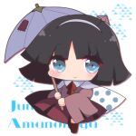 1other amanomiya_jun androgynous black_hair blue_eyes blunt_bangs blunt_ends boots bow bowtie cape character_name chibi closed_mouth clothes_lift collared_cape commentary_request eyelashes hairband hakama hakama_skirt highres holding holding_umbrella japanese_clothes len&#039;en light_blush long_sleeves looking_at_viewer ougi_hina patch pink_shirt polka_dot_cape purple_umbrella red_bow red_bowtie red_footwear red_hakama red_skirt rubber_boots shirt short_hair skirt skirt_lift smile solo triangle_background umbrella umbrella_hair_ornament white_background white_cape white_hairband wide_sleeves 