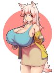  animal_humanoid big_breasts big_butt breasts butt canid canid_humanoid canine canine_humanoid cleavage clothed clothing dog_humanoid female hair hi_res huge_breasts humanoid hyper hyper_breasts looking_aside mammal mammal_humanoid pink_eyes pink_hair sakanadaze solo standing tail thick_thighs 
