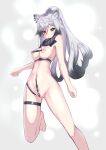  1girl arknights ass_visible_through_thighs bar_censor black_scarf breasts censored clitoris clitoris_piercing dog_girl feet_out_of_frame grey_hair highres long_hair medium_breasts menmon navel navel_piercing nipple_piercing nude piercing ponytail pubic_hair pussy pussy_piercing scarf schwarz_(arknights) solo standing thigh_strap very_long_hair white_hair yellow_eyes 
