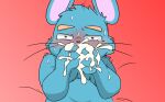  2023 anthro biped blue_body blue_fur blush bodily_fluids cum cum_on_hand fur genital_fluids hi_res humanoid_hands kemono letter_route mammal mouse murid murine red_background rodent simple_background solo tears 