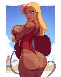  1boy 1girl absurdres artist_name ass beach blonde_hair blue_sky border dark-skinned_female dark_skin day highres lifeguard_(lilo_&amp;_stitch) lilo_&amp;_stitch long_hair looking_at_viewer one-piece_swimsuit outdoors red_one-piece_swimsuit sand satelyte sky swimsuit tan tanlines watermark white_border 