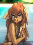  2023 anthro apogee_(tinygaypirate) blep breasts canid canine canis digital_media_(artwork) domestic_dog female female_anthro floppy_ears fur hair hi_res kemono long_hair looking_at_viewer mammal nude piercing small_breasts solo spitz swimming_pool tattoo tinygaypirate tongue tongue_out water wet wet_body wet_fur wet_hair 