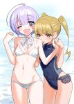  2girls :d :p absurdres akanbe bikini blonde_hair blue_one-piece_swimsuit blush_stickers bow bowtie breasts fang fanny_pack feet_out_of_frame hand_up highleg highleg_swimsuit highres holding_hands looking_at_viewer medium_hair midriff multiple_girls navel one-piece_swimsuit one_eye_closed original oyasumi_guu_guu purple_hair red_eyes short_hair signature small_breasts smile swimsuit tongue tongue_out twintails white_bikini white_bow white_bowtie yellow_eyes 