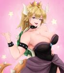  1girl absurdres artist_request black_collar black_dress blonde_hair blue_eyes bowsette breasts collar covered_nipples dragon_girl dragon_horns dragon_tail dress fang hand_on_own_hip highres horns large_breasts long_hair looking_at_viewer mario_(series) non-web_source open_mouth pointy_ears smug source_request spiked_collar spikes super_crown tail 