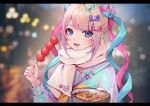  1girl absurdres blonde_hair blue_bow blue_eyes blue_hair blurry blurry_background blush bow bowl chouzetsusaikawa_tenshi-chan dot_nose food hair_bow highres holding holding_bowl holding_food holographic_clothing iridescent letterboxed long_hair looking_at_viewer multiple_hair_bows needy_girl_overdose nekoymio open_mouth pink_bow pink_hair purple_bow quad_tails scarf sidelocks solo tanghulu 