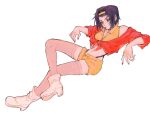  1girl breasts cowboy_bebop faye_valentine full_body goomyloid hairband highres invisible_chair lipstick makeup nail_polish purple_hair shorts simple_background sitting solo white_background white_footwear yellow_hairband yellow_shorts 