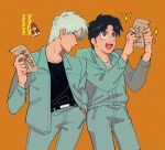  2boys absurdres akagi:_yami_ni_oritatta_tensai akagi_shigeru black_eyes black_hair bright_pupils closed_mouth commentary_request cowboy_shot expressionless freckles grey_hair grey_pants grey_shirt hand_in_pocket highres holding holding_money inudori looking_to_the_side male_focus medium_bangs money multiple_boys nozaki_osamu open_mouth orange_background pants parted_bangs shirt short_hair smile sparkle white_pupils 