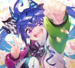  1girl :d ahoge animal_ears blue_eyes blue_hair bow clenched_hand commentary crossed_bangs drawstring hair_between_eyes hair_bow hand_up hen_(1push300m) heterochromia hood hoodie horse_ears horse_girl light_rays long_hair long_sleeves looking_at_viewer multicolored_background multicolored_clothes multicolored_hoodie open_mouth outstretched_arm purple_eyes raised_fist sharp_teeth sidelocks smile solo striped striped_bow stuffed_animal stuffed_rabbit stuffed_toy teeth twin_turbo_(umamusume) twintails umamusume upper_body upper_teeth_only w 