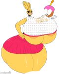  absurd_res animatronic anthro areola avian beakless big_breasts big_butt bird black_sclera blush blush_stickers bottomwear breasts bulging_eyes butt chicken clothing cupcake_(fnaf) duo english_text exclamation_point female five_nights_at_freddy&#039;s five_nights_at_freddy&#039;s_2 galliform gallus_(genus) hi_res huge_breasts huge_butt huge_thighs hyper hyper_breasts machine nipple_outline orange_areola phasianid robot scottgames sharp_teeth shirt skirt smile stemingbunbun teeth text thick_thighs topwear toy_chica_(fnaf) white_eyes yellow_body 
