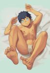  1boy :/ absurdres armpits arms_up barefoot bed_sheet black_hair blue_eyes bulge collarbone commentary_request feet feet_up from_above fundoshi groin highres japanese_clothes knees_up lilili linea_alba looking_at_viewer lying male_focus male_underwear navel nipples on_back original pectorals scar scar_on_arm scar_on_face scar_on_leg scar_on_nose short_hair soles solo spread_legs toes toned toned_male underwear underwear_only wide-eyed 