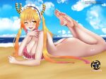  1girl absurdres ass beach bikini bikini_top_only blonde_hair blush bottomless breasts collarbone commentary day dragon_girl dragon_horns fang frilled_bikini frills gradient_hair highres horns kobayashi-san_chi_no_maidragon large_breasts long_hair maid_headdress multicolored_hair ocean one_eye_closed open_mouth orange_hair outdoors sand sidelocks sky slit_pupils smile solo spanish_commentary swimsuit tohru_(maidragon) towel twintails twitter_username water 