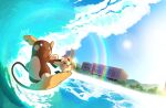  alolan_raichu alternate_color blue_sky electricity highres no_humans ocean open_mouth pichu pokemon pokemon_(creature) rainbow shiny_pokemon sky smile sun surfing tail tree vergolophus waves 