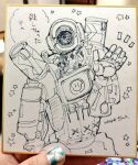  apex_legends artist&#039;s_hand_in_frame artist_name greyscale humanoid_robot ink_(medium) looking_at_viewer monochrome one-eyed pathfinder_(apex_legends) photo_(medium) robot screen shikishi solo star_(symbol) traditional_media translation_request wano_(azayakam) waving white_background 