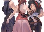  1girl 2boys aerith_gainsborough arm_strap armor ass_grab assertive_female backless_dress backless_outfit bare_arms bare_shoulders belt black_gloves black_jacket black_pants blonde_hair braid braided_ponytail brown_hair cloud_strife cowboy_shot cropped_jacket crossed_arms dress facing_away final_fantasy final_fantasy_vii final_fantasy_vii_advent_children final_fantasy_viii from_behind gloves grey_shirt hair_ribbon halter_dress halterneck hand_on_another&#039;s_ass hand_on_another&#039;s_waist jacket kingdom_hearts kingdom_hearts_ii long_dress long_hair medium_hair multiple_belts multiple_boys pants pink_dress pink_ribbon ribbon ryouto shirt short_hair short_sleeves shoulder_armor single_bare_shoulder single_braid squall_leonhart sweatdrop toned toned_male waist_cape white_background white_shirt 