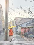  1girl alley bare_legs bird broom brown_hair brown_socks building car dog grey_sky holding holding_umbrella looking_ahead motor_vehicle original outdoors parak1d profile rain red_raincoat road short_hair socks street tire tree umbrella wire 