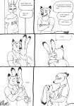  2023 4_fingers anthro baggy_clothing baggy_shirt baggy_topwear bernielover blush breasts canid canine claws cleavage clothed clothing comic crossed_arms dialogue disney duo embrace english_text eyes_closed female finger_claws fingers fox fur grin hi_res hug humanoid_hands judy_hopps lagomorph leporid male male/female mammal nervous_smile nick_wilde rabbit shirt smile speech_bubble t-shirt tail tail_motion tailwag teeth text topwear zootopia 