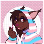  anthro blep bmsarts brown_body brown_fur brown_hair canid canine claws clothing collar colored_nails ear_piercing ear_tips eye_scar eyeliner facial_scar felid feline female fennec fox fur hair heart_background heart_fingers hi_res hoodie hybrid kairuutenma kariatenma lgbt_pride long_hair lynx makeup mammal nails piercing pink_claws pink_nails pink_nose pride_colors procyonid raccoon red_eyes scar solo spiked_collar spikes tongue tongue_out topwear trans_(lore) trans_woman_(lore) transgender_pride_colors 