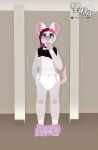  absurd_res anthro bathroom blush breasts clean_diaper clothed clothing diaper digital_media_(artwork) female hair hi_res infantilism looking_at_viewer mammal mouse murid murine mynka mynka_(fursona) nipples pink_hair public public_restroom rodent solo undressing wearing_diaper white_diaper 