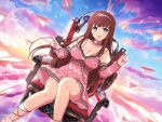  1girl ahoge ankle_strap anklet armpit_crease barrel_(weapon) black_choker blue_sky blush breasts brown_hair chair choker cleavage cloud cloudy_sky collarbone detached_sleeves dress evening floral_print frills gatling_gun gradient_sky grey_eyes gun hairband halterneck horizon jewelry lace-trimmed_dress lace_trim large_breasts lens_flare light_particles long_hair looking_at_viewer midair minigun ocean official_alternate_eye_color official_art open_mouth orange_sky paper_airplane pink_dress pink_hairband scope senran_kagura senran_kagura_new_link shiny_skin shuriken shuriken_print sitting sky smile solo sparkle star_(sky) starry_sky strap_slip ui_(senran_kagura) water weapon yaegashi_nan yellow_sky 
