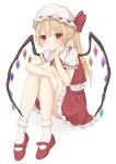  1girl absurdres alternate_hairstyle bad_perspective blonde_hair bobby_socks convenient_leg crystal flandre_scarlet full_body gaden19 hand_on_own_cheek hand_on_own_face hat hat_ribbon highres knees_up long_hair mary_janes mob_cap ponytail puffy_short_sleeves puffy_sleeves red_eyes ribbon shoes short_sleeves simple_background skirt socks solo touhou very_long_hair vest white_background white_headwear wings 