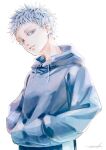  1boy 28cg aged_down black_shorts blue_eyes closed_mouth cowboy_shot gojou_satoru grey_hoodie hands_in_pockets hood hood_down hoodie jujutsu_kaisen looking_at_viewer male_focus short_hair shorts simple_background solo standing white_background white_hair 