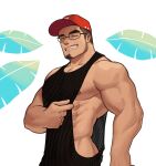  1boy abs absurdres bara baseball_cap eyebrow_cut facial_hair hat highres large_pectorals looking_at_viewer male_focus muscular muscular_male nipples one_eye_closed original pectorals see-through sidepec simple_background smile solo teeth upper_body whyhelbram 