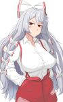  1girl blush bow breasts bunsuirei collarbone collared_shirt commentary cowboy_shot fujiwara_no_mokou grey_hair hair_bow hands_in_pockets head_tilt highres large_breasts long_hair long_sleeves looking_at_viewer multiple_hair_bows ofuda ofuda_on_clothes open_mouth pants parted_bangs pocket red_eyes red_pants shiny_skin shirt simple_background smile solo stomach suspenders touhou v-shaped_eyebrows variant_set very_long_hair white_background white_shirt wing_collar 