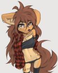  2023 anthro apogee_(tinygaypirate) breasts canid canine canis clothed clothing digital_media_(artwork) domestic_dog female female_anthro floppy_ears fur hair hi_res high-angle_view kemono legwear long_hair looking_at_viewer mammal midriff navel off_shoulder piercing small_breasts solo spitz tail tattoo thigh_highs tinygaypirate 