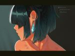  1girl blush bob_cut bruise collarbone diagonal_bangs ear_blush ear_chain earrings genshin_impact highres injury jewelry lilac_alien patreon_logo patreon_username short_hair tiktok_logo tiktok_username twitter_logo twitter_username yelan_(genshin_impact) 