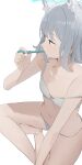  1girl animal_ear_fluff animal_ears blue_archive blue_hair blue_halo bra breasts grey_hair halo highres hiroki_(yyqw7151) navel panties shiroko_(blue_archive) simple_background sitting small_breasts solo toothbrush_in_mouth underwear underwear_only white_background white_bra white_panties 
