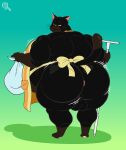  2023 absurd_res anthro anus apron apron_only balls biceps big_butt biped butt clothing digital_media_(artwork) domestic_cat felid feline felis genitals hi_res huge_belly huge_butt jr7luckytanuki looking_back male mammal mostly_nude musclegut rear_view simple_background smile solo the_masterful_cat_is_depressed_again_today thick_thighs wide_hips yukichi 