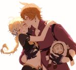  2boys aether_(genshin_impact) arm_around_waist black_gloves blonde_hair blush braid closed_eyes crop_top earrings flower genshin_impact gloves grin hair_between_eyes hair_flower hair_ornament highres jewelry kiss kissing_cheek long_hair multiple_boys navel orange_hair red_shirt redbeanegg ruin_guard_(genshin_impact) shirt short_sleeves simple_background single_braid single_earring smile stuffed_toy tartaglia_(genshin_impact) white_background yaoi 