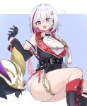  1girl bare_shoulders black_gloves blue_eyes blush breasts gloves grey_hair highres honkai:_star_rail honkai_(series) large_breasts looking_at_viewer multicolored_hair numby_(honkai:_star_rail) open_mouth piri red_hair short_hair sitting smile solo streaked_hair thick_thighs thighs topaz_(honkai:_star_rail) 