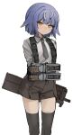  1girl absurdres arms_behind_back black_shorts black_thighhighs blue_hair bullpup closed_mouth collared_shirt commentary_request feet_out_of_frame grey_necktie gun hair_flaps highres looking_at_viewer necktie original p90 shirt short_hair short_shorts shorts simple_background sixthpaledot solo standing submachine_gun thighhighs weapon white_background white_shirt yellow_eyes 