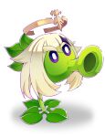  blonde_hair chinese_commentary commentary_request cosplay genshin_impact halo highres no_humans paimon_(genshin_impact) paimon_(genshin_impact)_(cosplay) panshushuzaihuahua peashooter_(plants_vs_zombies) plants_vs_zombies purple_eyes shadow simple_background solo white_background 