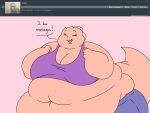  2018 4:3 5_fingers anthro ask_blog batspid2 belly big_belly big_breasts blue_clothing bottomwear breasts cleavage clothed clothing crop_top cutoffs denim denim_clothing dialogue digital_drawing_(artwork) digital_media_(artwork) english_text exclamation eyebrows eyelashes eyes_closed female fingers flabby_arms flat_colors frill_(anatomy) happy head_crest head_frill huge_breasts juna_(batspid2) lizard love_handles membrane_(anatomy) membranous_frill morbidly_obese morbidly_obese_anthro morbidly_obese_female navel obese obese_anthro obese_female overweight overweight_anthro overweight_female pink_body pink_skin purple_clothing reptile scalie shirt shorts simple_background smile solo tail text topwear 