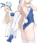  1girl armpits ass blue_archive blue_eyes blue_footwear blue_leotard blush breasts briefcase bunny_day dan_(kumadan) expressionless fake_tail from_side halo high_heels highres leaning_forward leotard long_hair looking_at_viewer multiple_views presenting_armpit rabbit_tail skindentation small_breasts solo strapless strapless_leotard tail thighhighs thighs toki_(blue_archive) toki_(bunny)_(blue_archive) very_long_hair wet white_background white_thighhighs wrist_cuffs 