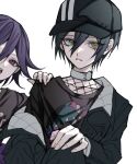  2boys black_hair black_headwear black_jacket black_shirt brown_eyes character_print danganronpa_(series) danganronpa_v3:_killing_harmony hair_between_eyes hand_on_another&#039;s_shoulder highres jacket male_focus medium_hair multiple_boys off_shoulder oma_kokichi parted_lips print_shirt purple_eyes purple_hair saihara_shuichi sakura_ichi shirt short_hair simple_background teeth white_background 