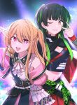 2girls ;d ascot black_capelet black_hair blonde_hair blunt_bangs breasts capelet checkered_sleeves cleavage clenched_teeth collared_shirt colored_inner_hair commentary_request cowboy_shot crop_top detached_sleeves gradient_hair green_hair hair_between_eyes hand_on_own_hip hand_up highres hoshino_ruby idol idol_clothes idolmaster idolmaster_shiny_colors kiyakyuu layered_skirt long_hair looking_at_viewer mayuzumi_fuyuko medium_breasts midriff mismatched_pupils multicolored_hair multiple_girls navel neck_ribbon one_eye_closed one_side_up open_mouth orange_eyes oshi_no_ko pink_eyes pink_ribbon pleated_skirt red_skirt ribbon shirt sidelocks skirt sleeveless sleeveless_shirt smile sparkle stage_lights star-shaped_pupils star_(symbol) symbol-shaped_pupils teeth two_side_up upper_teeth_only v white_ascot 