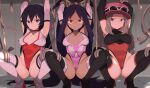  3girls adapted_costume armpits arms_up black_gloves black_hair black_thighhighs boots breasts brown_eyes brown_hair cameltoe character_request commission dark-skinned_female dark_skin elbow_gloves gloves highleg highleg_leotard iris_(pokemon) leotard long_hair looking_at_viewer medium_breasts multiple_girls paid_reward_available pink_gloves pink_headwear pink_leotard pokemon pokemon_(game) pokemon_bw pokemon_xy purple_hair restrained serena_(pokemon) skeb_commission spread_legs spring2013 squatting tentacles thigh_boots thighhighs thighs white_thighhighs 