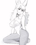  1girl animal_ears artist_name bare_arms bare_shoulders bow bowtie breasts cleavage closed_mouth covered_navel detached_collar greyscale highres large_breasts leotard long_hair monochrome original pantyhose playboy_bunny rabbit_ears rabbit_girl rob_ishi sitting smile solo 